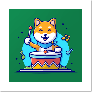 Cute Dog Playing Drum with Stick, Tune and Notes of Music Cartoon Vector Icon Illustration Posters and Art